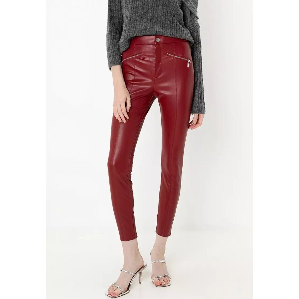NEW ZARA FAUX LEATHER BURGUNDY HIGH RISE ANKLE ZIPPERS PANTS LEGGINGS MEDIUM